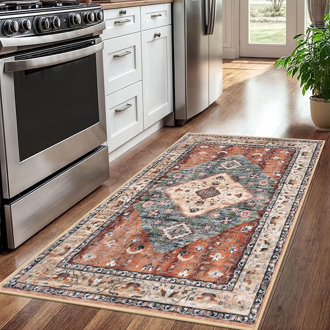 KOZYFLY Boho Area Rug 3x5 Ft Rugs for Entryway Washable Entry Rug Non Slip Door Mat Indoor Entrance Rust/Orange/Blue Printed Faux Wool Vintage Kitchen Rug Throw Rugs for Entrance Kitchen Living Room