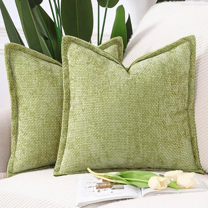MADIZZ Chenille Velvet Throw Pillow Covers with Flange Set of 2 Super Soft Boho Textured Pillow Covers Decorative Throw Pillowcases Modern Farmhouse Home Decor for Sofa Bedroom Light Green 24x24 Inch