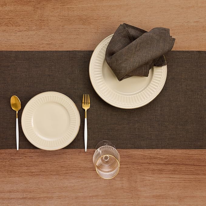Solino Home Linen Table Runner 48 Inches - 100% Pure Linen Chambray Brown Table Runner 14 x 48 Inch Ideal for Dresser and Coffee Tables - Winter - Athena