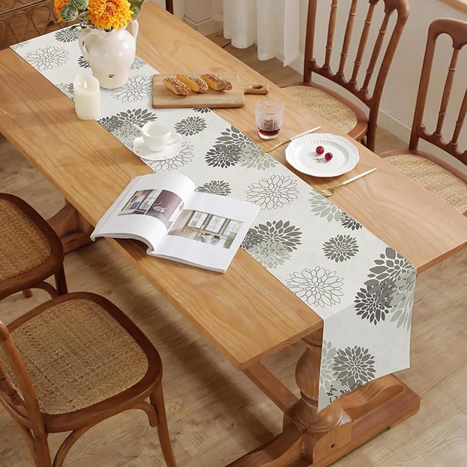 Gray Dahlia Table Runner Modern Elegant Flower Beige Table Runners Geometric Pompon Farmhouse Coffee Table Center Decor for Home Kitchen Dining Party Indoor Outdoor (13x48 Inch)