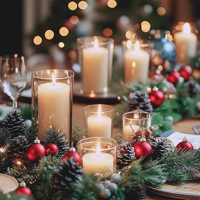24 Pcs White Pillar Candles and Glass Cylinder Vases Clear Glass Pillar Candle Holders Hurricane Glass Candle Holders for Table Centerpieces Wedding, Party, Event, Home Office