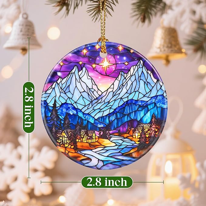 Christmas Ornaments, 2.8 Inch Ceramic Hanging Ornament, Christmas Tree Ornaments, Xmas Decorations, Holiday Decorations, Holiday Party Gifts, and Xmas Gift Ideas - Snow-Village Night