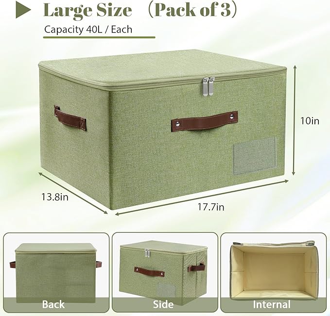 ANMINY 3PCS Storage Bins with Zipper Lid Storage Boxes with Label Holder PU Leather Handles Washable Foldable Decorative Lidded Cotton Linen Fabric Cubes Baskets Closet Organizer - Green, Large