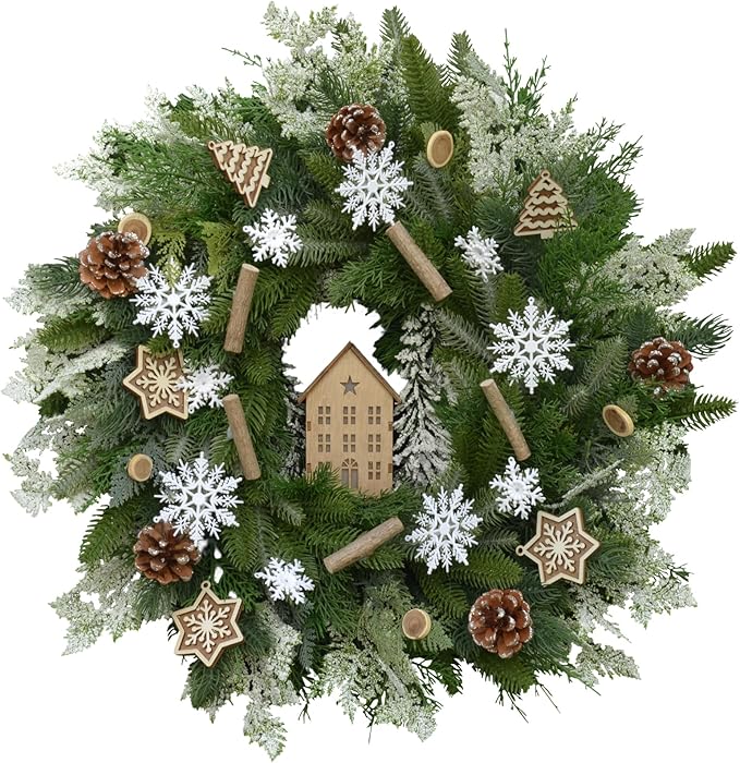 24" Winter Wreath with Wooden House Ornaments, Snowflakes, Deadwood Branches, and Pinecones—Christmas Wreaths, Indoor Outdoor Home Snow Scene Holiday Winter Door Wreath, Natural Forest Theme