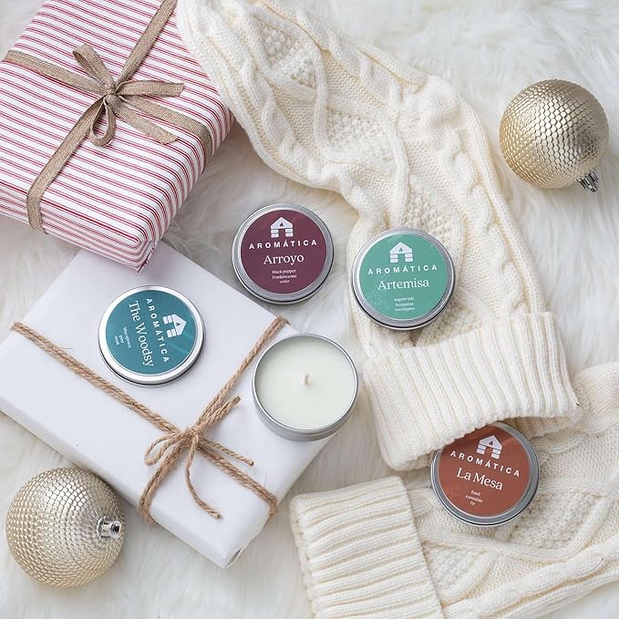 Bluecorn Aromática Scented Candle Sample Set, 7 Clean Burn Coconut Wax Tins, Mountain Lilac, White Lily, Paloma, The Woodsy, Artemisa, La Mesa & Arroyo, Small Candles for Home Decor & Gifts, 2.75 Oz