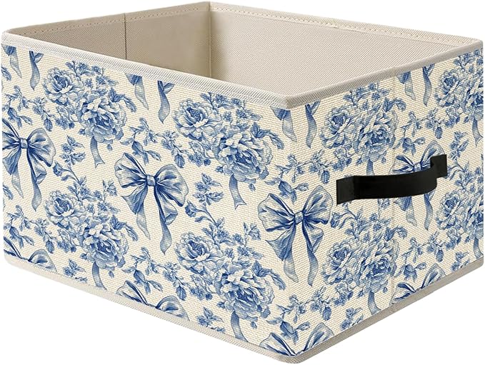 Blue and White Floral Bow Storage Bin Box with Handles, French Country Toile de Jouy Flower Foldable Organizer Basket Toybox for Girls Dorm Bedroom Bathroom Clothes Toys Books