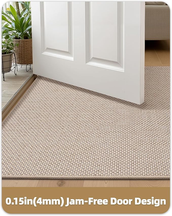 Color&Geometry Ultra-Thin Indoor Door Mat, 48"x72" Low-Profile Non-Slip Entryway Rug with Modern Geometric Texture, Washable Doormat for Indoor Entrance, Front Door, Khaki (Rolled-up NO Creases)