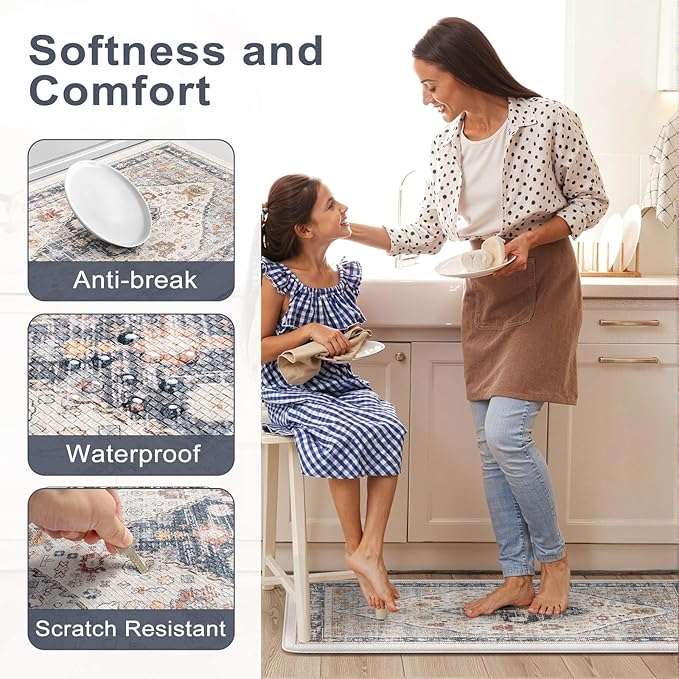 Collive Boho Floor Mats 2 PCS, Cushioned Anti-Fatigue Non-Skid Waterproof Under Sink Mat, Blue/Multi Comfort Standing Desk Mat for Office, Home & Kitchen, 17"x30"+17"x47"