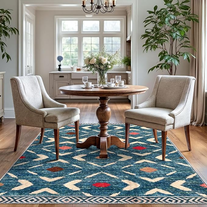 KILOCOCO Area Rug 4'x6' Entryway Rug Washable Bedroom Rug Non Slip Printed Boho Rubber Backed Low-Pile Soft Rugs for Kitchen Living Room Dining Geometric Moroccan Carpet, Teal/Blue
