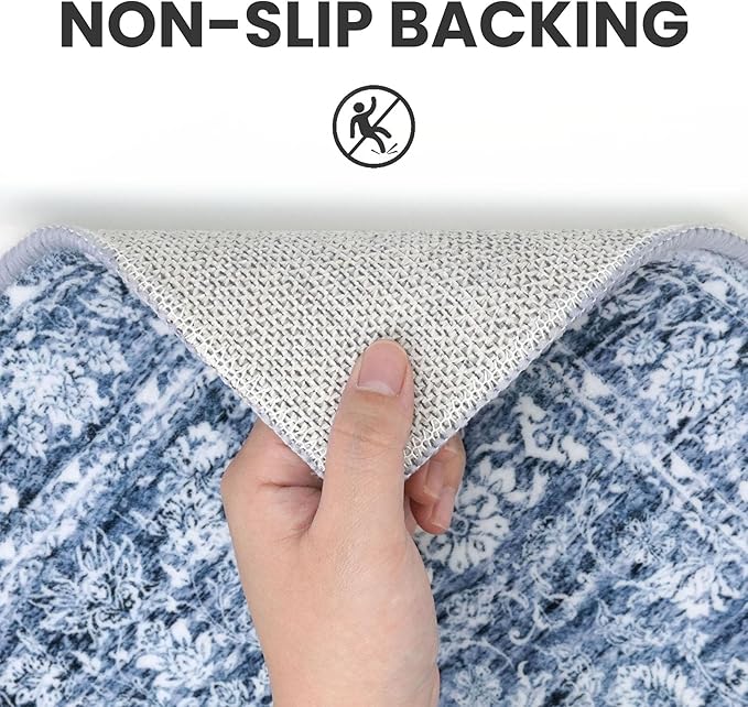 2x7 Runner Washable Rug for Hallways, Blue Soft Classic Kitchen Rugs with Non-Slip, Non-Shedding Distressed Floral Rug for Hallway Entryway Bedroom Bathroom Laundry Indoor