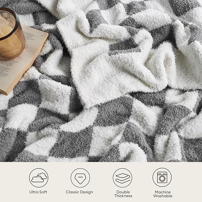 Snuggle Sac Checkered Bedding Blanket Twin Size 60x80, Super Soft, Cozy Warm Knit Blankets, Reversible Breathable Lightweight Fluffy Throws for Sofa, Bed, Checkered Grey, 60x80 Inches