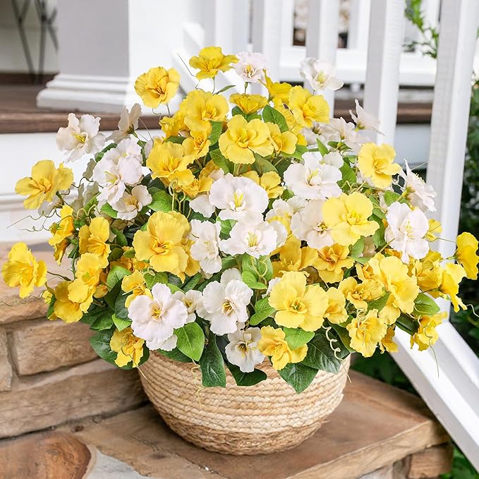 Hibiscus Artificial Flowers Plants for Outdoors Decoration, 6 Bundles Silk Bouquet Tropical Flowers Artificial Realistic UV Resistant Fake Flower for Outside Planter Porch Patio Balcony (Yellow White)