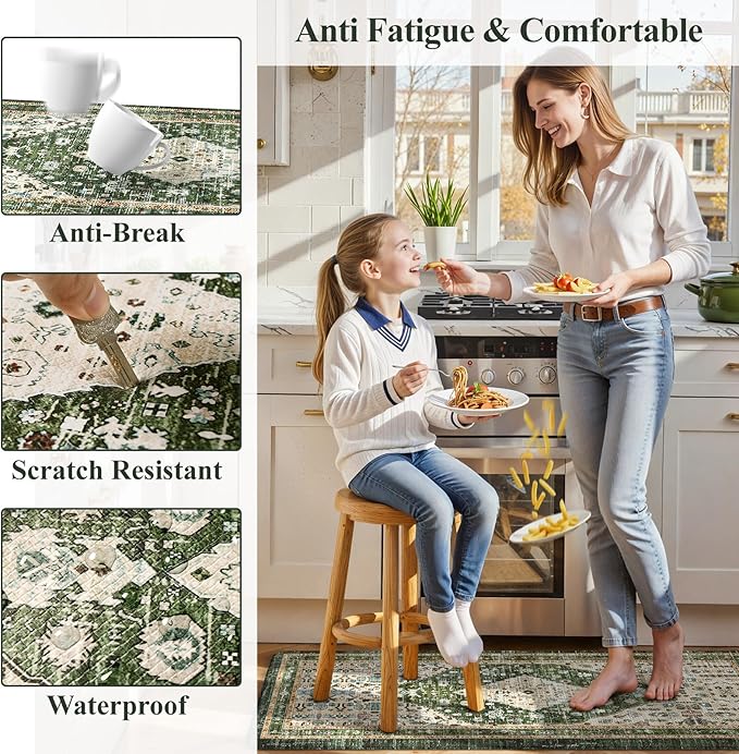 Collive Boho Kitchen Mats for Floor, Cushioned Anti Fatigue Kitchen Rug Set of 2, Non-Skid Waterproof Sink Rugs Comfort Standing Mat for Laundry, Office, Desk, Green