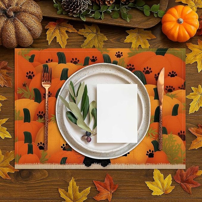 Double Side Set of 4 Cute Black Kitty Pumpkins Fall Placemats Seasonal Autumn Harvest Table Mats for Indoor Outdoor Home Party Dining Decor Farmhouse Burlap Table Mats 12x18 Inch #WP020