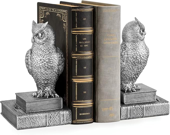 Owl Bookends, Book Ends for Shelves, Vintage Resin Decorative Bookends with Anti-Slip Base for Books Lovers Home Office Decor Book Holder (Silver)
