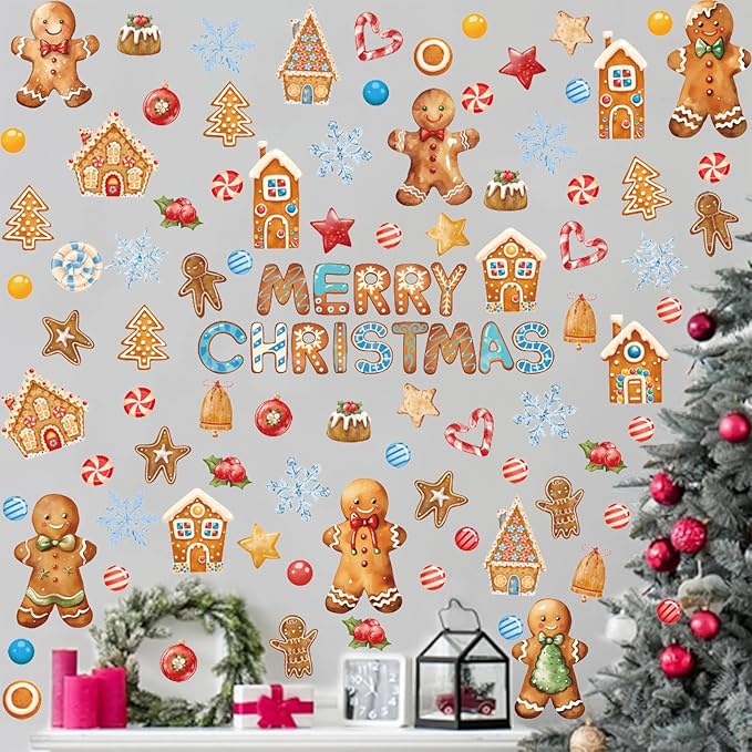 Christmas Window Clings Gingerbread Man,Merry Christmas Wall Stickers,Gingerbread Cookie Window Stickers Candy,Xmas Snowflake Wall Decals for Party Home Living Room Bedroom