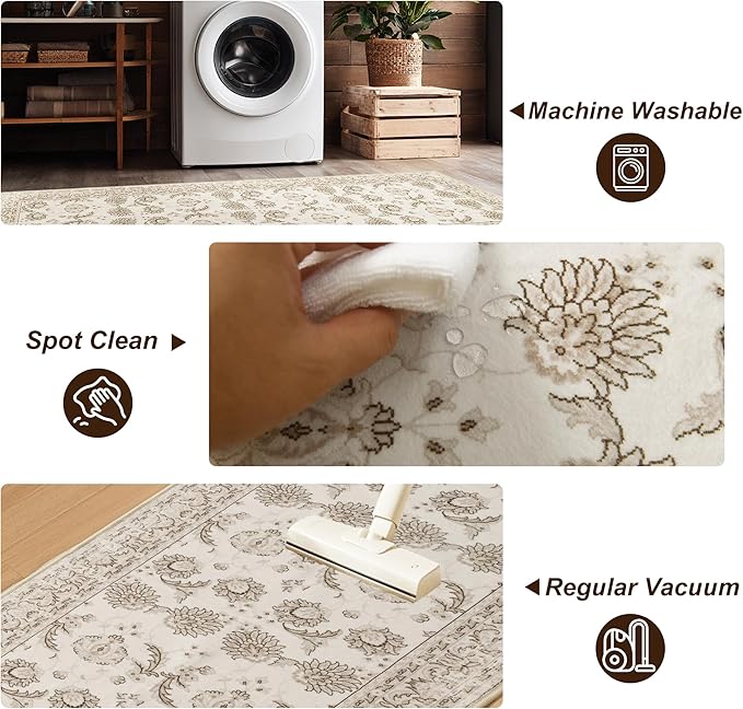 XWZO Runner Rug 2x6ft, Washable Hallway Runner with Non-Slip Backing, Spill Stain Resistant Floor Mat for Entryway Corridor Bedroom Kitchen Living Room, Soft Low-Pile Area Carpet, Beige