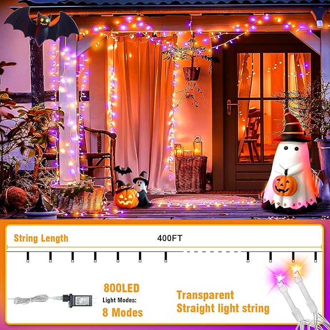 400FT Halloween String Lights Purple and Orange – LED Extra Long Outdoor Waterproof Fairy Lights with Remote, Dimmable Timer Decorative Lights for Yard, Party, Home, Holiday Décor (Purple Orange)