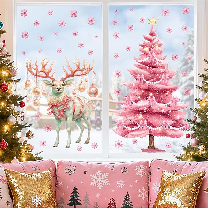 Pink Christmas Window Clings Large Christmas Pine Tree Decoration Decals for Glass Double-Sided Snowflake Elk Stickers Removable Xmas Reindeer Static Decal for Winter Holiday Party Home Indoor Decor