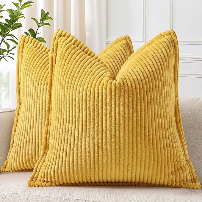 decorUhome Corduroy Mustard Yellow Throw Pillow Covers 22x22 Set of 2 Decorative Soft Boho Farmhouse Euro Couch Pillow Covers for Living Room Bed Sofa Broadside Striped Pillow Cases