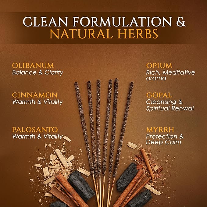 Himalayan Smudge Incense – 6 Fragrant Scents: Palo Santo, Copal, Myrrh, Cinnamon, Opium, Olibanum | 60 Sticks + 6 Dhoop | Masala Blend with Resins, Herbs & Essential Oils | Handcrafted