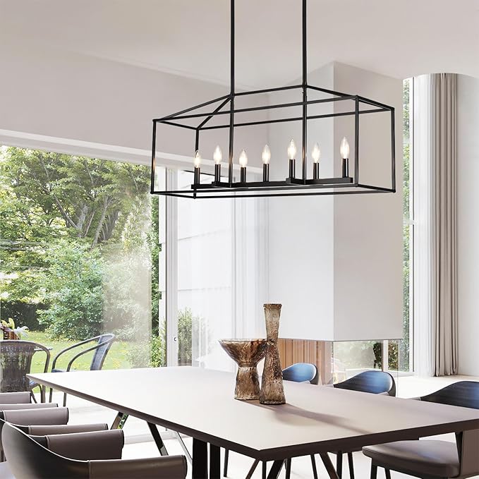 Dining Room Chandelier,7 Light Kitchen Island Light Modern Farmhouse Chandeliers Contemporary Pendant Light Matte Black Finish Rectangle Modern Pendant Light Adjustable Height