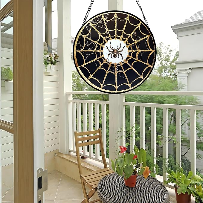 Stained Glass Window Hanging - Black Gold Spider Suncatcher for Door Terrace Garden Home Decor Halloween Sun Catcher Christmas Birthday Gifts for Lovers Women Men Dad Mom Nana 7.8 in