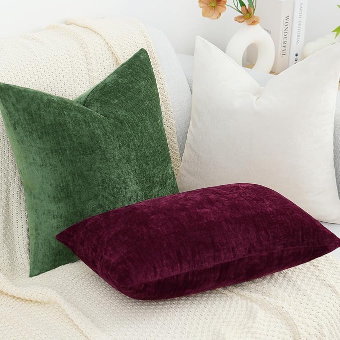 decorUhome Chenille Burgundy Christmas Throw Pillow Covers 18x18 Inch Set of 2, Decorative Soft Couch Pillow Covers Solid Dyed Accent Farmhouse Neutral Square Pillow Cases for Sofa