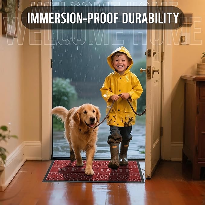 Yimobra Welcome Mat Outdoor Indoor, All-Season Waterproof Front Door Mat Outside Entrance, All-Weather Heavy Duty Non-Slip Doormat, Low Profile Porch Patio Entrance Mats, 60x36, Red