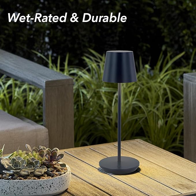Generation Lighting Mena Accent Rechargeable Table Lamp – 14.5” Hague Blue Steel Lamp with 3-Way Base Switch, 2.4W Up/Down LED at 2700K, 260 Lumens, USB-C, Wet Rated (8000701-224)