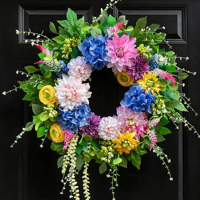 Spring and Summer Wreaths for Front Door 24 Inch Summer Wreath with Vibrant Dahlia, Gerbera Daisy & Primula Floral Arrangement - All Seasons Summer & Spring Door Wreath for Outside Decor