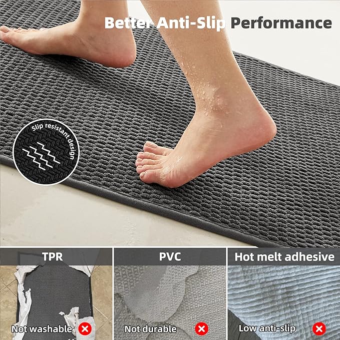 Bathroom Rugs Non Slip Washable, Super Absorbent Thin Bath Mat Quick Dry Low Pile Bathroom Rug, Dark Grey 24"x47"
