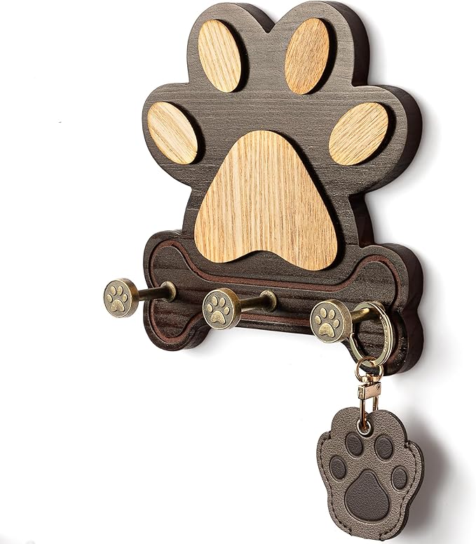 MTERSE Pine Wood Dog Leash Holder for Wall – Adorable Dog Leash Hanger, Key Holder, Coat Rack, and Sunglass Organizer – Rustic Farmhouse Wall Decor for Entryway, Bedroom, or Living Room (Dark Brown)
