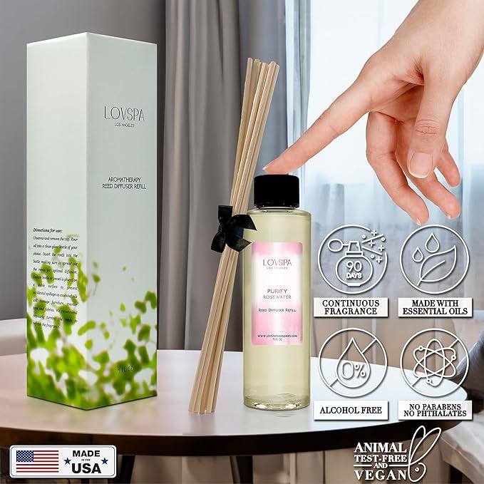LOVSPA PURIFY Rosewater Diffuser Oil - Luxury Essential Oils for Diffuser Refill & Air Freshener Room Spray - Long-Lasting & Natural Home Fragrance, Scented Oil for Diffusers, USA Made, 4oz
