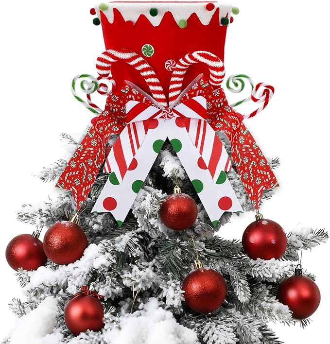 Jenaai Christmas Tree Topper Hat Candy Canes Tree Topper with Striped Bow Ribbon and Lollipop Christmas Decorations Desktop Ornaments Xmas Festive Gift for Home Xmas Holiday Winter Decor(Red)