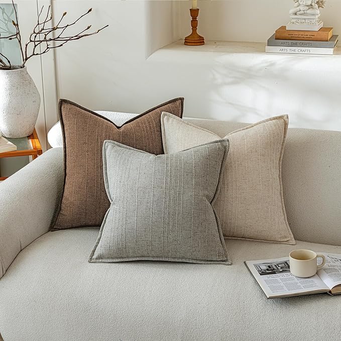 a moment Linen Pillow Covers Set of 2,Boho Farmhouse Throw Pillowcases Neutral Textured Decorative Covers for Couch Sofa,Soft Linen Blend Accent Case Cushion Living Room Home Decor 20"x20"Hazel