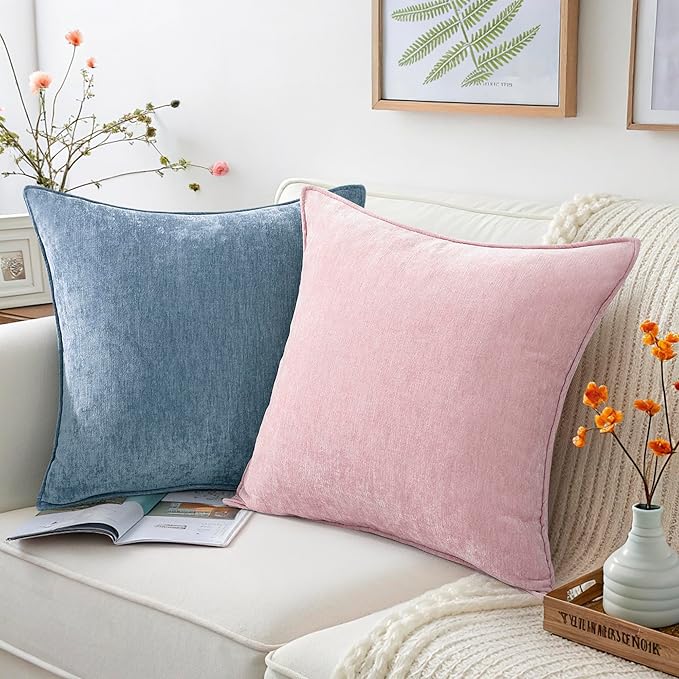 decorUhome Christmas Couch Throw Pillow Covers 24x24 Set of 2, Decorative Soft Euro Velvet Neutral Chenille Pillow Covers with Elegant Design for Sofa Bed Living Room Home Decor, Blue Grey