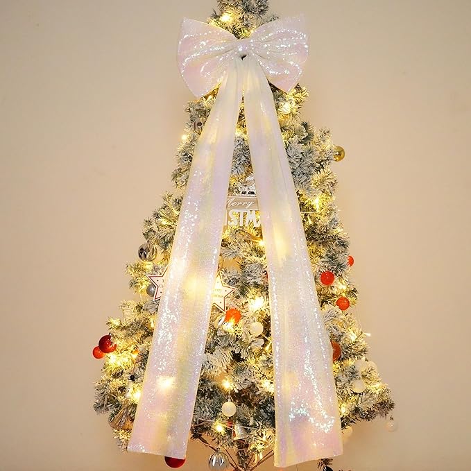 PartyDelight Christmas Tree Topper Bow Decor Large White Iridescent Sequin 16x47 Inchs Ribbon Tie Detachable Bow for Dress Xmas Birthday Party Room Decorations Coquette Backdrop Decors