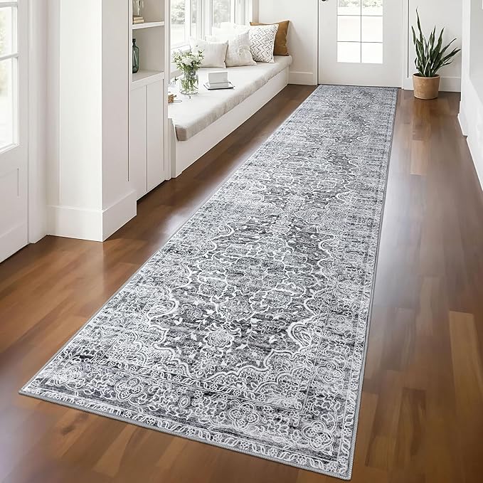 KUTA Vintage Washable Runner Rug 2.6x12, Non-Slip Hallway Kitchen Runners Grey Blue White with Rubber Backing, Soft Printed Modern Medallion Extra Long 12ft Carpet Rugs Indoor for Bedroom