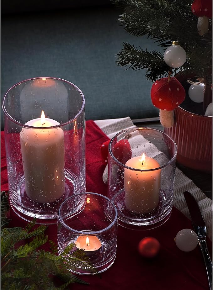 ARIAMOTION Hurricane Glass Candle Holders Set, Pillar Votive,Clear Seeded Bubbles Cylinder Vase,Modern Rustic Table Centerpieces Bulk, 3 Sizes 8 Inch 5 Inch 3.5 Inch Height