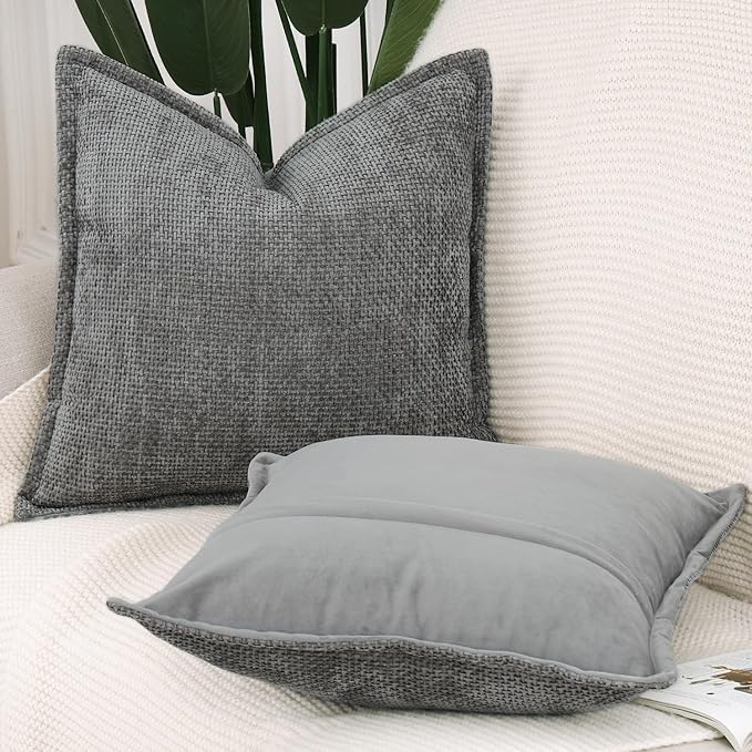 MADIZZ Chenille Velvet Throw Pillow Covers with Flange Set of 2 Super Soft Boho Textured Pillow Covers Decorative Throw Pillowcases Modern Farmhouse Home Decor for Sofa Bedroom Dark Grey 20x20 Inch