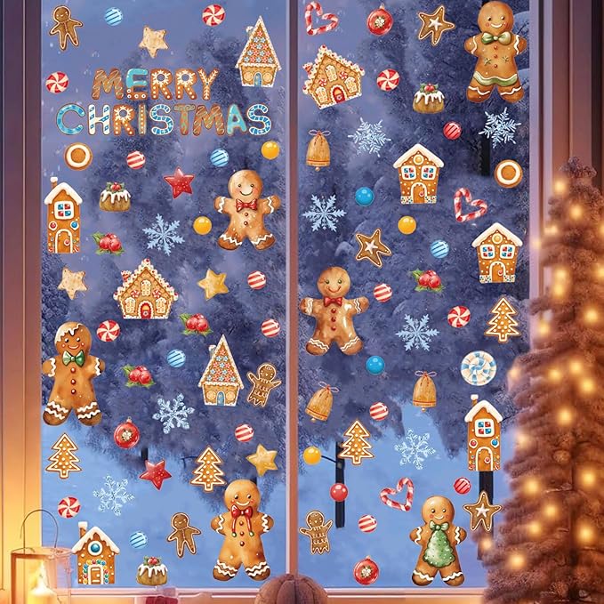 Christmas Window Clings Gingerbread Man,Merry Christmas Wall Stickers,Gingerbread Cookie Window Stickers Candy,Xmas Snowflake Wall Decals for Party Home Living Room Bedroom