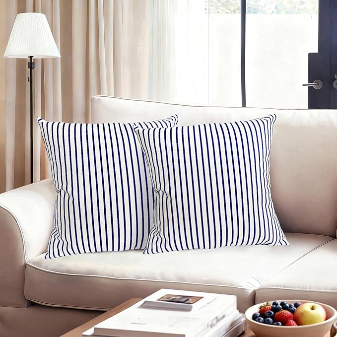 Decorative Throw Pillow Covers Set of 2 Blue Striped Pillow Covers 18x18 Inch Throw Pillow Cover Linen Pillowcase Modern Farmhouse Outdoor Pillow Covers for Couch Sofa Bed Living Room