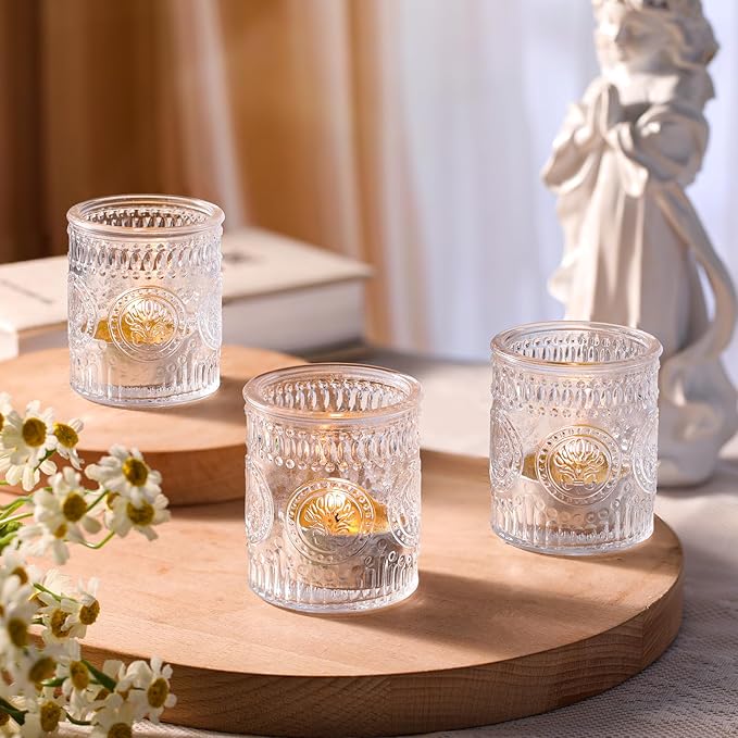 12 Pcs Clear Votive Candle Holders, Glass Tealight Candle Holders Embossed Candle Holder for Wedding Table Centerpiece, Home Decor, Birdal Shower, Party