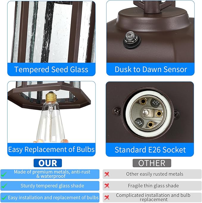 13.4'' Dusk to Dawn Outdoor Pendant Lights for Porch, Brown Hanging Porch Light with Seeded Glass, Waterproof Outdoor Chandelier Farmhouse Ceiling Light Fixture Lanterns, 1Pack