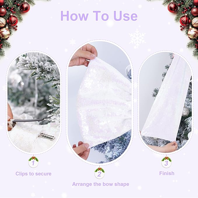 PartyDelight Christmas Tree Topper Bow Decor Large White Iridescent Sequin 16x47 Inchs Ribbon Tie Detachable Bow for Dress Xmas Birthday Party Room Decorations Coquette Backdrop Decors
