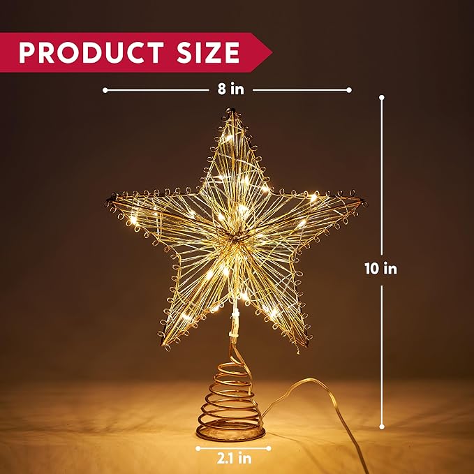Joiedomi Christmas Tree Toppers 8" Gold Metal Star Decor with Battery Powered Treetop Ornaments with Warm White LED Lights for Xmas Holiday Party Indoor Decorations