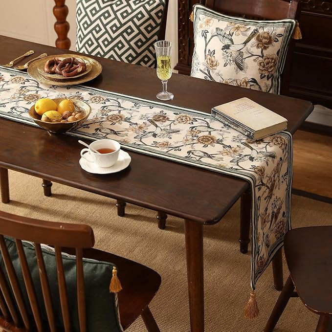 ISAENNE Designer Vintage Beige Linen Table Runner 102 Inches Long,Elegant Floral and Bird Pattern Decor Table Runners for Dining Tables,Thanksgiving,Christmas,Banquet,Party,12"*102"-Murad A