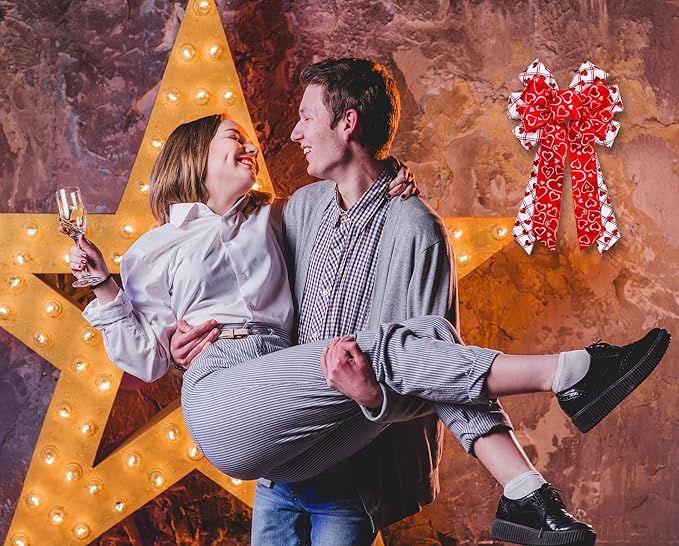 Large Wreath Bow, Large Red White Plaid Burlap Bow with Heart Decorations, 11.42"x20.87" Bow for Wreath Tree Topper Wedding Party Indoor Outdoor Romantic Home Decor