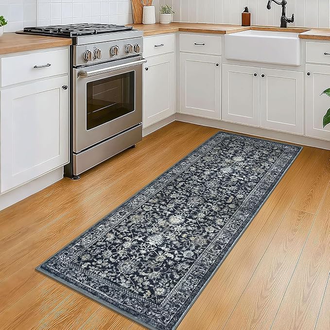 KILOCOCO Hallway Runner 2x5 Rug Runner Printed Vintage Floral Washable Kitchen Runners Non-slip Rubber Backed Runners for Hallways Laundry Room Distressed Boho Rugs for Entryway Bedroom, Navy/Charcoal